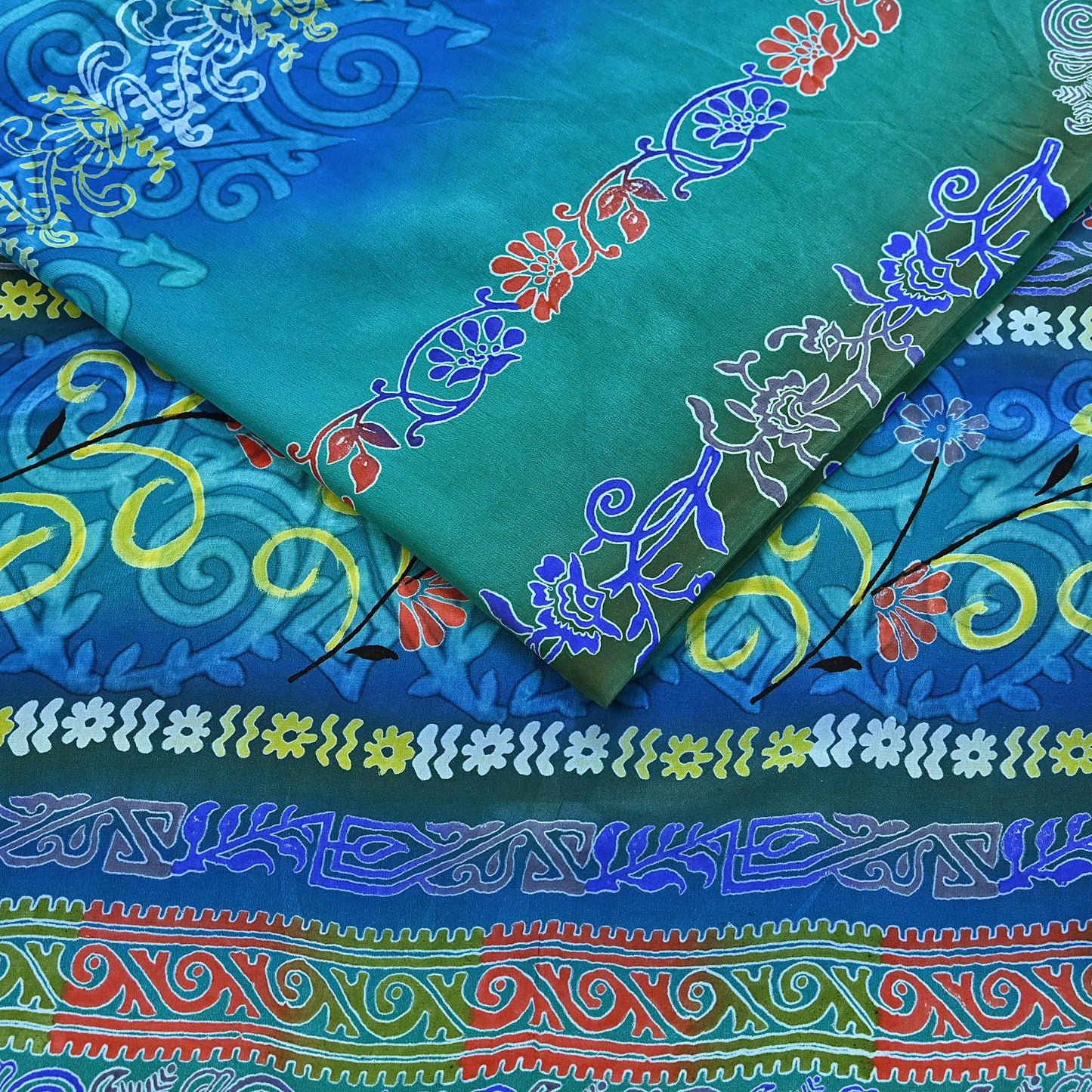 Indian Vintage Sari Green & Blue Pure Crepe Silk Printed Sarees 5yd Sewing Soft Craft Fabric Wrap Dress Making Crafting Quilting Upcycle