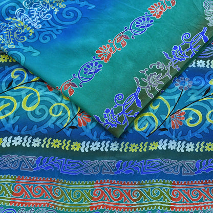 Indian Vintage Sari Green & Blue Pure Crepe Silk Printed Sarees 5yd Sewing Soft Craft Fabric Wrap Dress Making Crafting Quilting Upcycle
