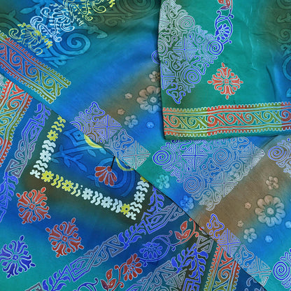 Indian Vintage Sari Green & Blue Pure Crepe Silk Printed Sarees 5yd Sewing Soft Craft Fabric Wrap Dress Making Crafting Quilting Upcycle