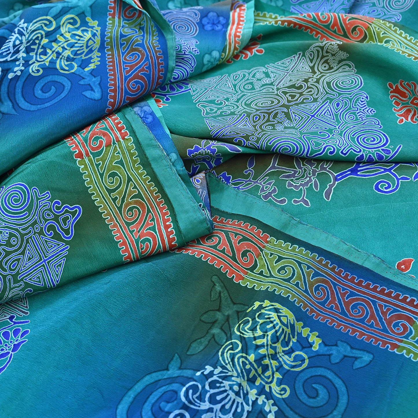Indian Vintage Sari Green & Blue Pure Crepe Silk Printed Sarees 5yd Sewing Soft Craft Fabric Wrap Dress Making Crafting Quilting Upcycle