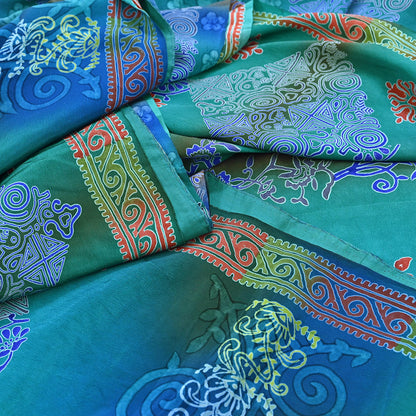 Indian Vintage Sari Green & Blue Pure Crepe Silk Printed Sarees 5yd Sewing Soft Craft Fabric Wrap Dress Making Crafting Quilting Upcycle