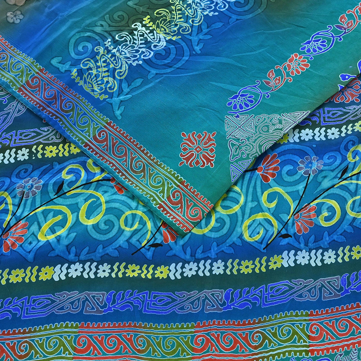 Indian Vintage Sari Green & Blue Pure Crepe Silk Printed Sarees 5yd Sewing Soft Craft Fabric Wrap Dress Making Crafting Quilting Upcycle