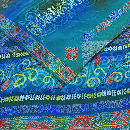 Indian Vintage Sari Green & Blue Pure Crepe Silk Printed Sarees 5yd Sewing Soft Craft Fabric Wrap Dress Making Crafting Quilting Upcycle