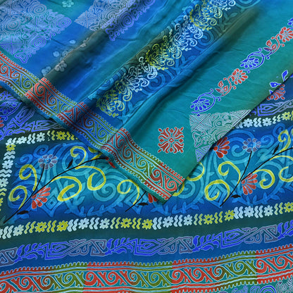 Indian Vintage Sari Green & Blue Pure Crepe Silk Printed Sarees 5yd Sewing Soft Craft Fabric Wrap Dress Making Crafting Quilting Upcycle