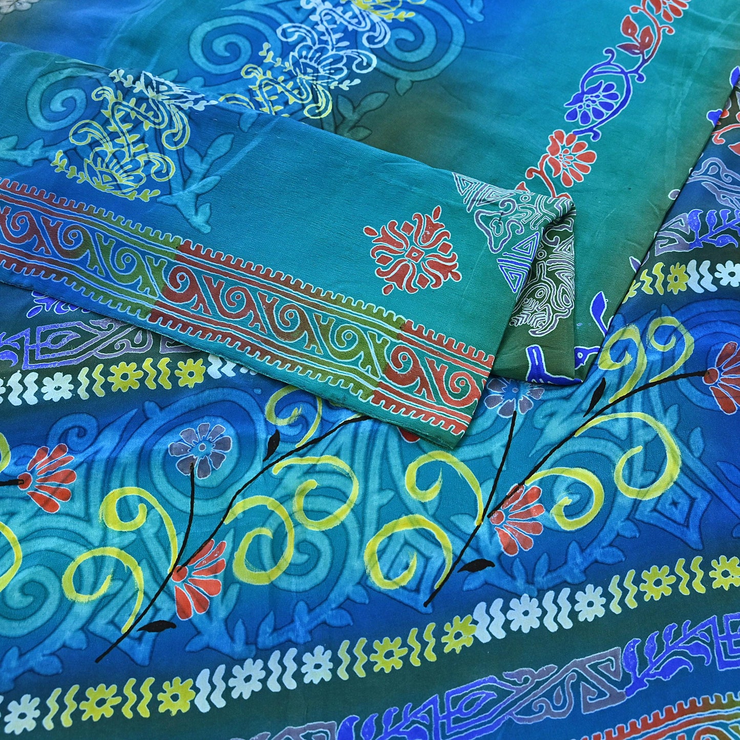 Indian Vintage Sari Green & Blue Pure Crepe Silk Printed Sarees 5yd Sewing Soft Craft Fabric Wrap Dress Making Crafting Quilting Upcycle