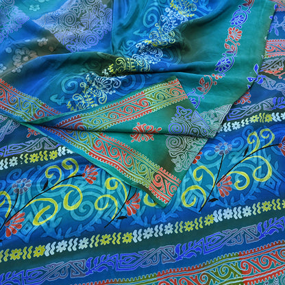 Indian Vintage Sari Green & Blue Pure Crepe Silk Printed Sarees 5yd Sewing Soft Craft Fabric Wrap Dress Making Crafting Quilting Upcycle