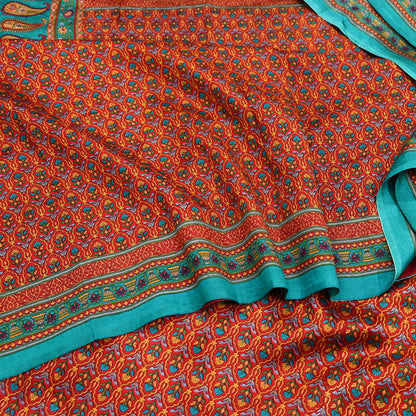 Indian Vintage Sari Green & Red 100% Pure Silk Printed Sarees 5yd Craft Fabric Sewing Soft Dress Making Floral Quilting Crafting Upcycle