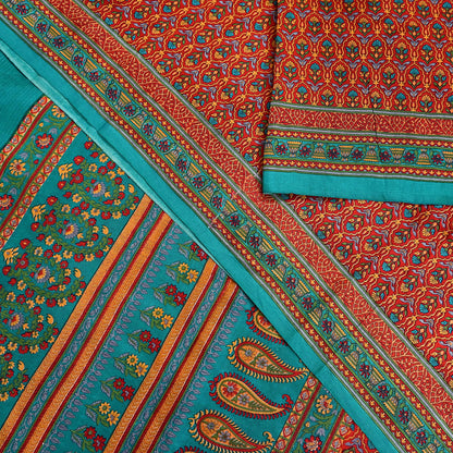 Indian Vintage Sari Green & Red 100% Pure Silk Printed Sarees 5yd Craft Fabric Sewing Soft Dress Making Floral Quilting Crafting Upcycle