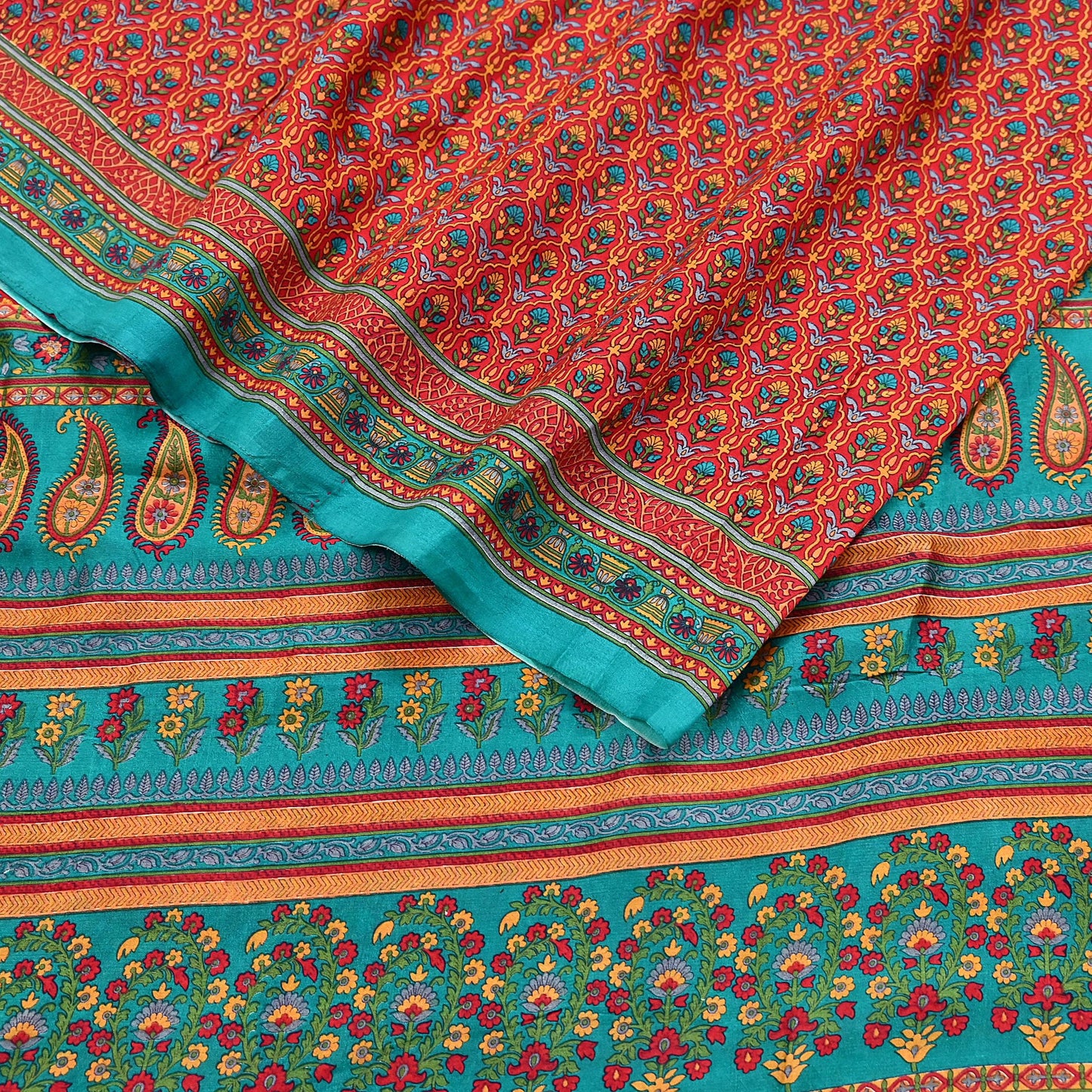 Indian Vintage Sari Green & Red 100% Pure Silk Printed Sarees 5yd Craft Fabric Sewing Soft Dress Making Floral Quilting Crafting Upcycle