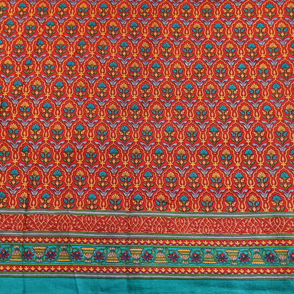 Indian Vintage Sari Green & Red 100% Pure Silk Printed Sarees 5yd Craft Fabric Sewing Soft Dress Making Floral Quilting Crafting Upcycle