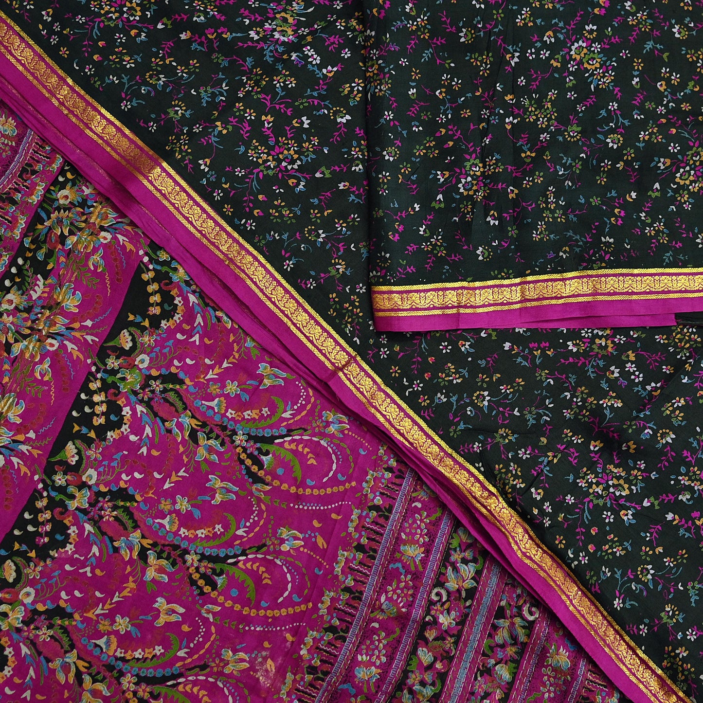 Vintage Black & Purple Pure Silk Saree Indian Printed Silk Fabric 5 Yards Boho Craft Material for Sewing, Quilting, Dressmaking, Upcycling