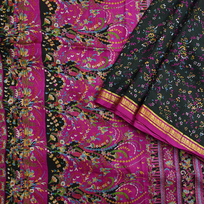 Vintage Black & Purple Pure Silk Saree Indian Printed Silk Fabric 5 Yards Boho Craft Material for Sewing, Quilting, Dressmaking, Upcycling