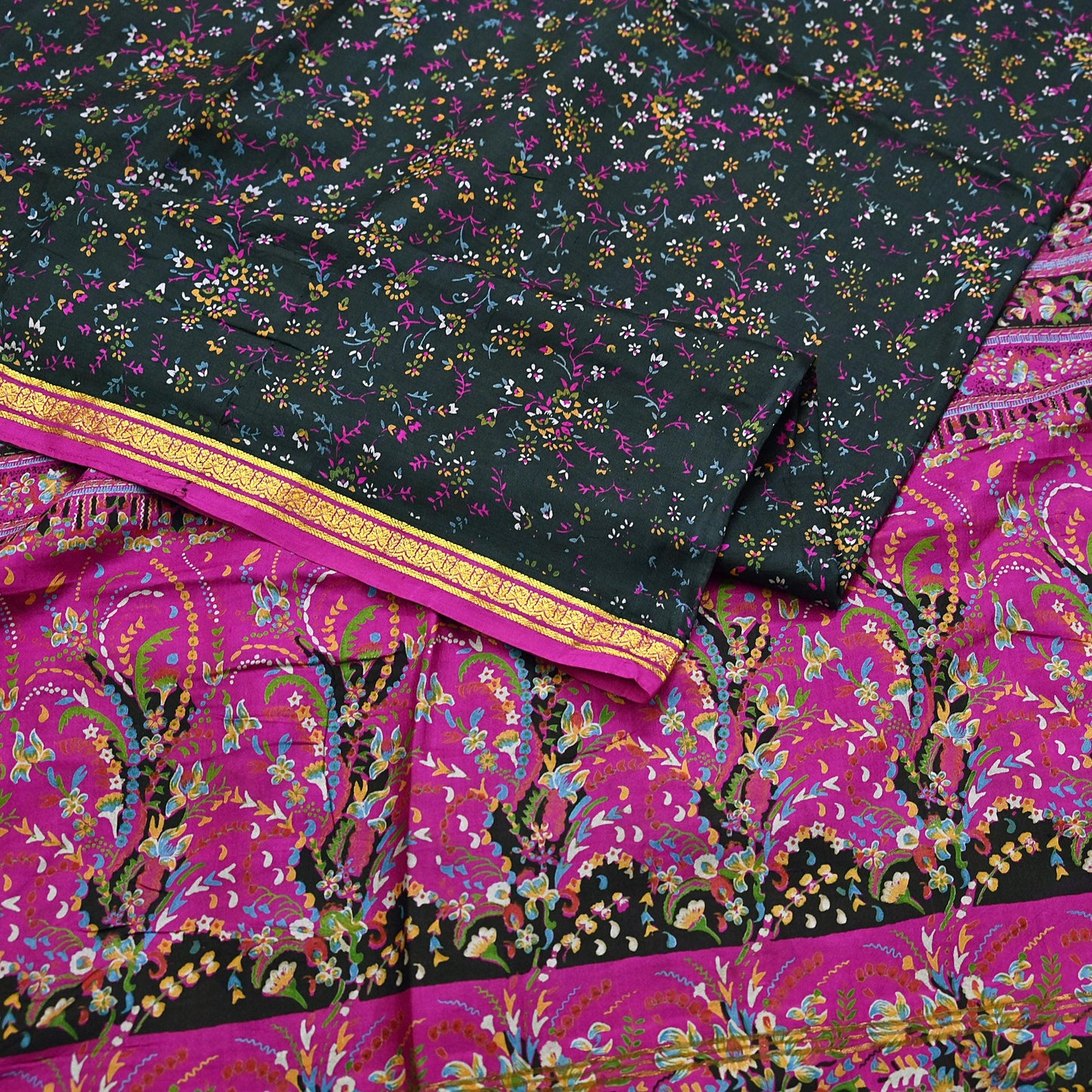 Vintage Black & Purple Pure Silk Saree Indian Printed Silk Fabric 5 Yards Boho Craft Material for Sewing, Quilting, Dressmaking, Upcycling