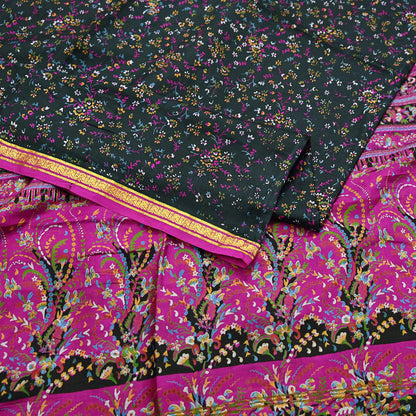 Vintage Black & Purple Pure Silk Saree Indian Printed Silk Fabric 5 Yards Boho Craft Material for Sewing, Quilting, Dressmaking, Upcycling