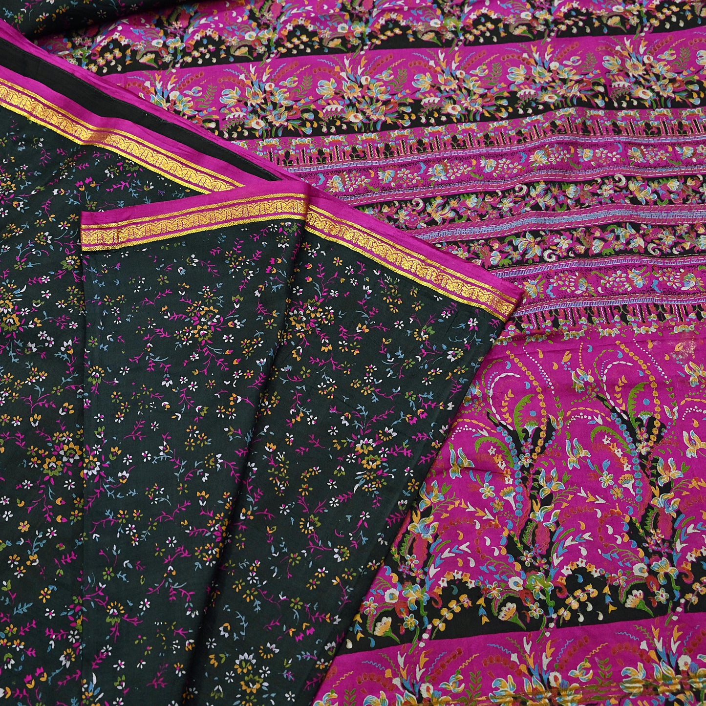 Vintage Black & Purple Pure Silk Saree Indian Printed Silk Fabric 5 Yards Boho Craft Material for Sewing, Quilting, Dressmaking, Upcycling