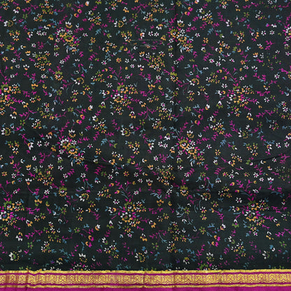 Vintage Black & Purple Pure Silk Saree Indian Printed Silk Fabric 5 Yards Boho Craft Material for Sewing, Quilting, Dressmaking, Upcycling