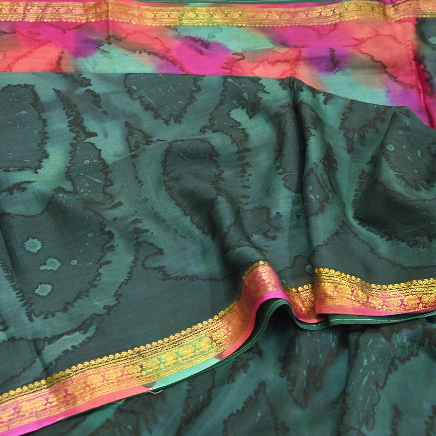 Indian Vintage Sari Green & Multi Pure Silk Printed Tie-Dye Saree Fabric 6yd Sewing Floral Craft Zari Border