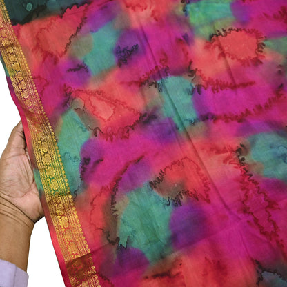 Indian Vintage Sari Green & Multi Pure Silk Printed Tie-Dye Saree Fabric 6yd Sewing Floral Craft Zari Border