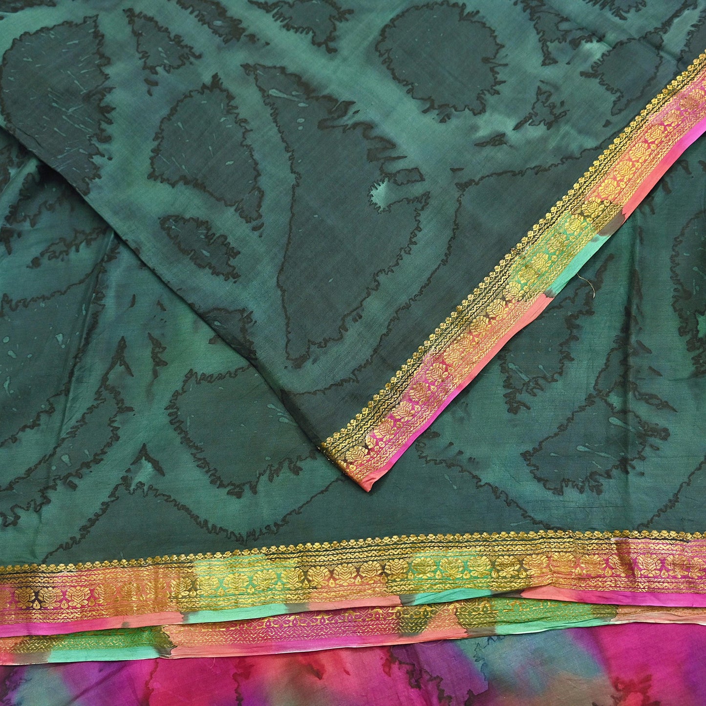 Indian Vintage Sari Green & Multi Pure Silk Printed Tie-Dye Saree Fabric 6yd Sewing Floral Craft Zari Border