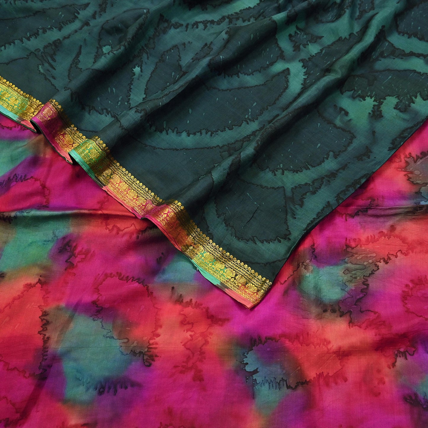 Indian Vintage Sari Green & Multi Pure Silk Printed Tie-Dye Saree Fabric 6yd Sewing Floral Craft Zari Border