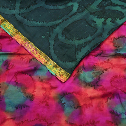 Indian Vintage Sari Green & Multi Pure Silk Printed Tie-Dye Saree Fabric 6yd Sewing Floral Craft Zari Border