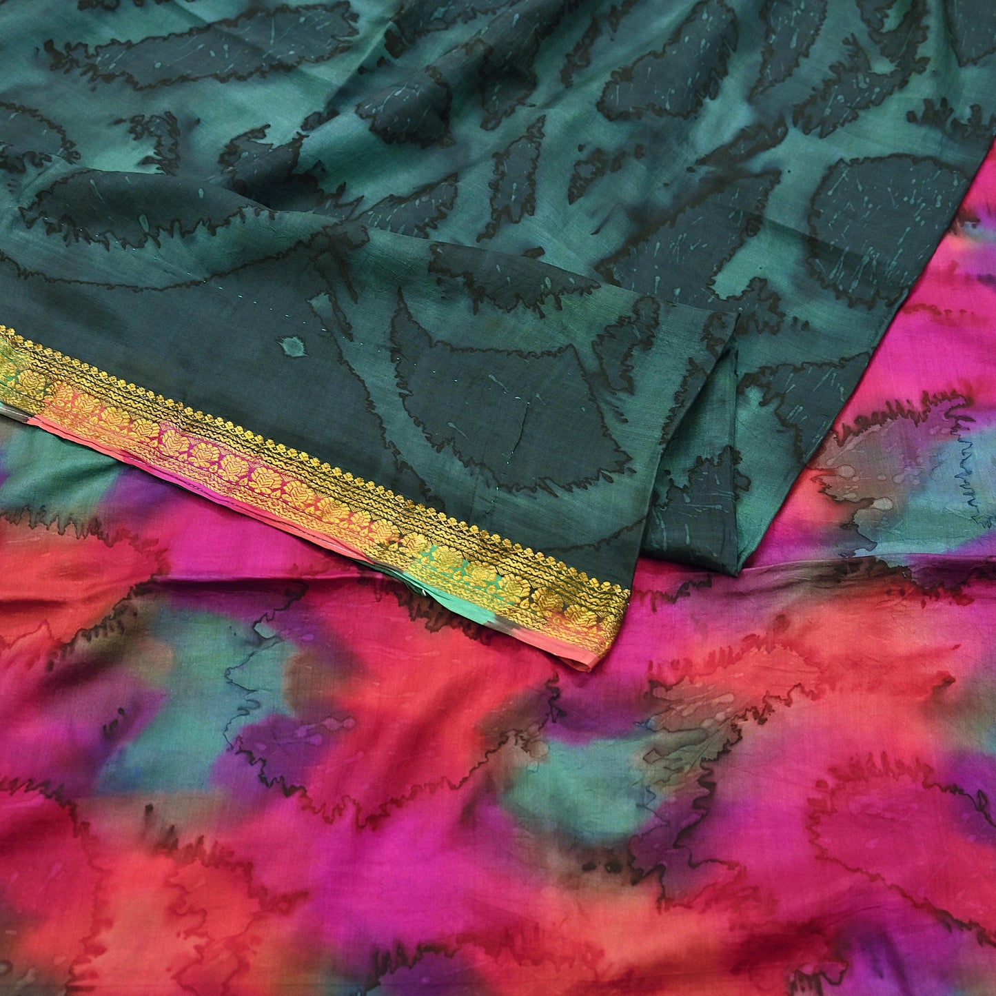 Indian Vintage Sari Green & Multi Pure Silk Printed Tie-Dye Saree Fabric 6yd Sewing Floral Craft Zari Border
