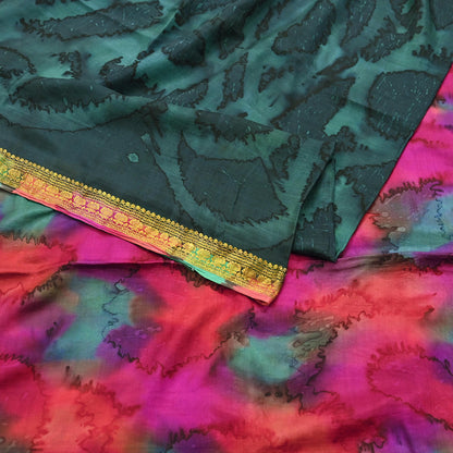 Indian Vintage Sari Green & Multi Pure Silk Printed Tie-Dye Saree Fabric 6yd Sewing Floral Craft Zari Border