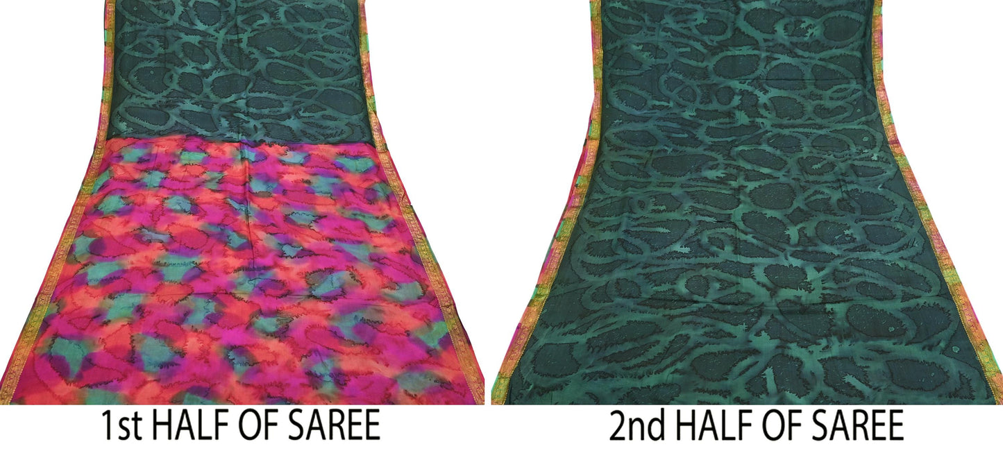 Indian Vintage Sari Green & Multi Pure Silk Printed Tie-Dye Saree Fabric 6yd Sewing Floral Craft Zari Border