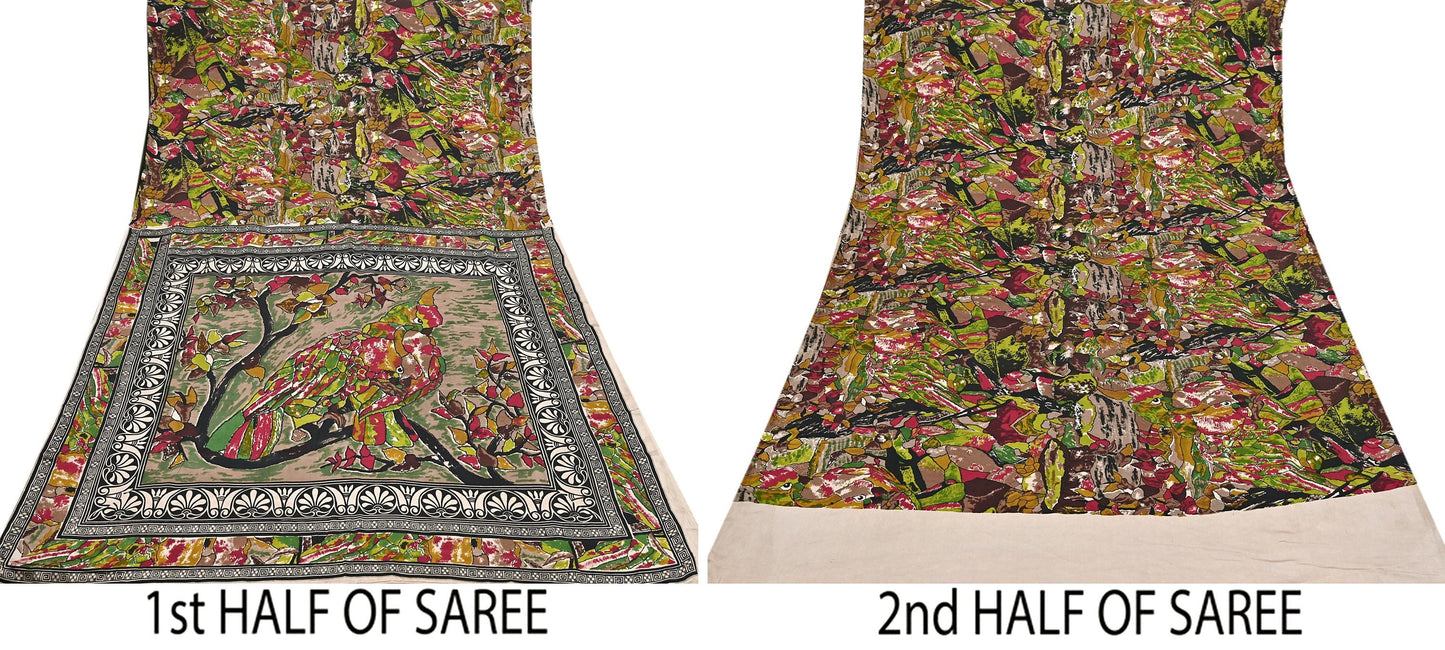 Indian Vintage Multi Saree Pure Satin Silk Premium Printed Sari Craft Fabric 6yd Sewing Abstract Soft Dress Making For Crafting Quilting