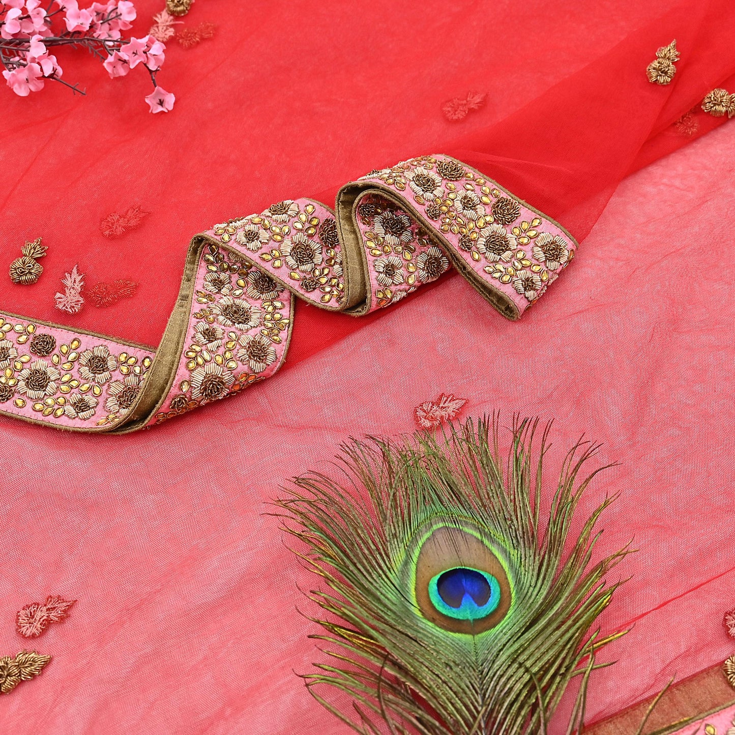 Indian Vintage Heavy Wedding Red Net/Mesh Hand Embroidered Dupatta Designer By Manish Malhotra Bridal Wear Zardozi Veil Hijab