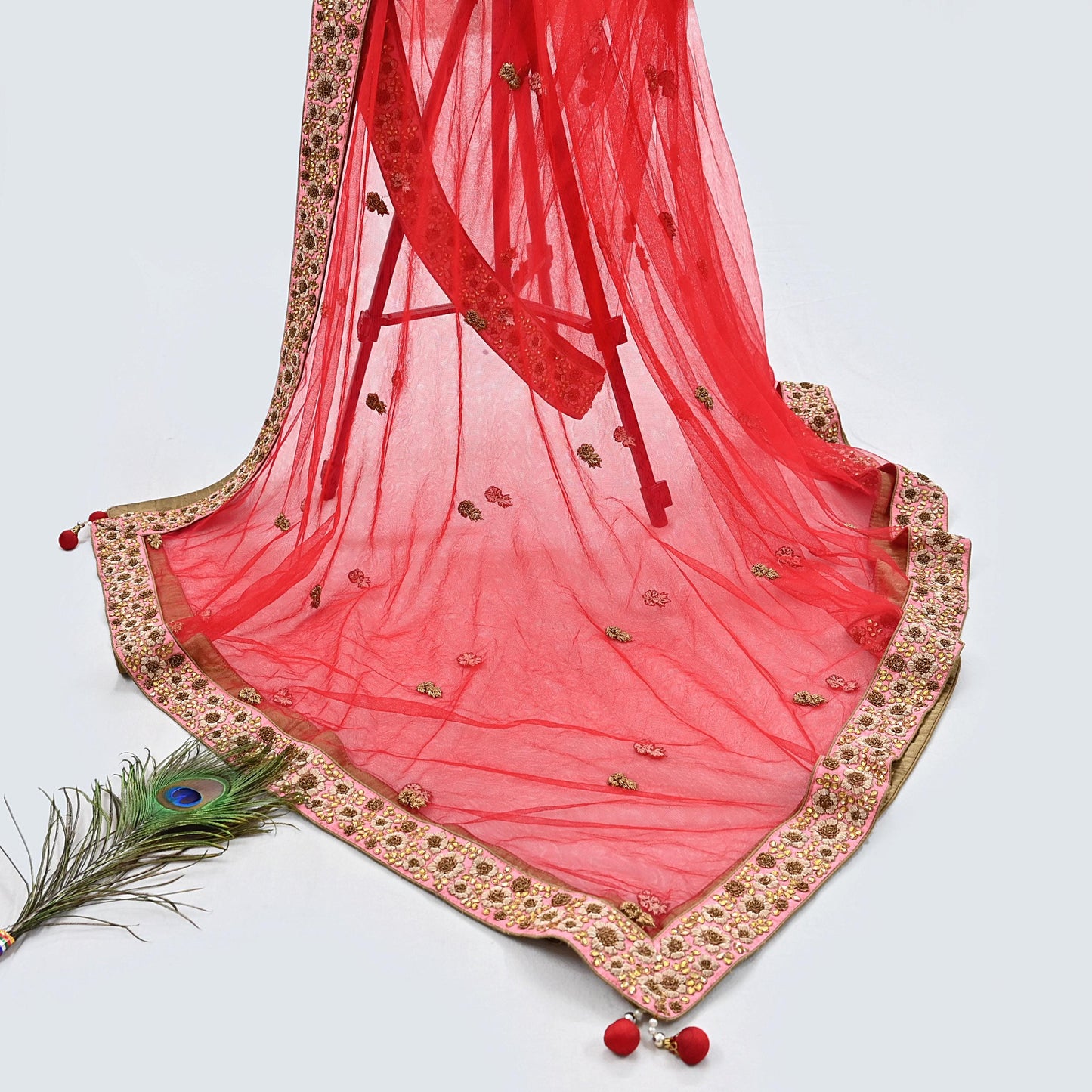 Indian Vintage Heavy Wedding Red Net/Mesh Hand Embroidered Dupatta Designer By Manish Malhotra Bridal Wear Zardozi Veil Hijab
