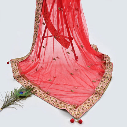 Indian Vintage Heavy Wedding Red Net/Mesh Hand Embroidered Dupatta Designer By Manish Malhotra Bridal Wear Zardozi Veil Hijab