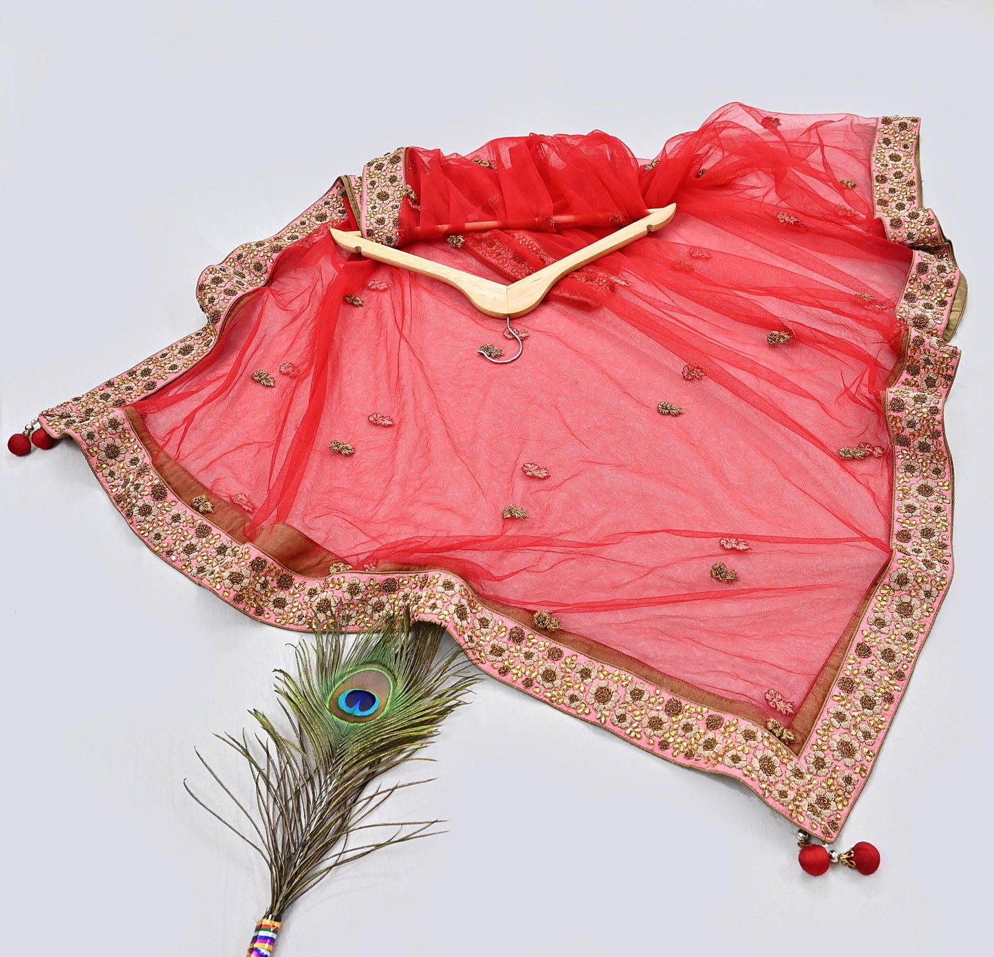 Indian Vintage Heavy Wedding Red Net/Mesh Hand Embroidered Dupatta Designer By Manish Malhotra Bridal Wear Zardozi Veil Hijab