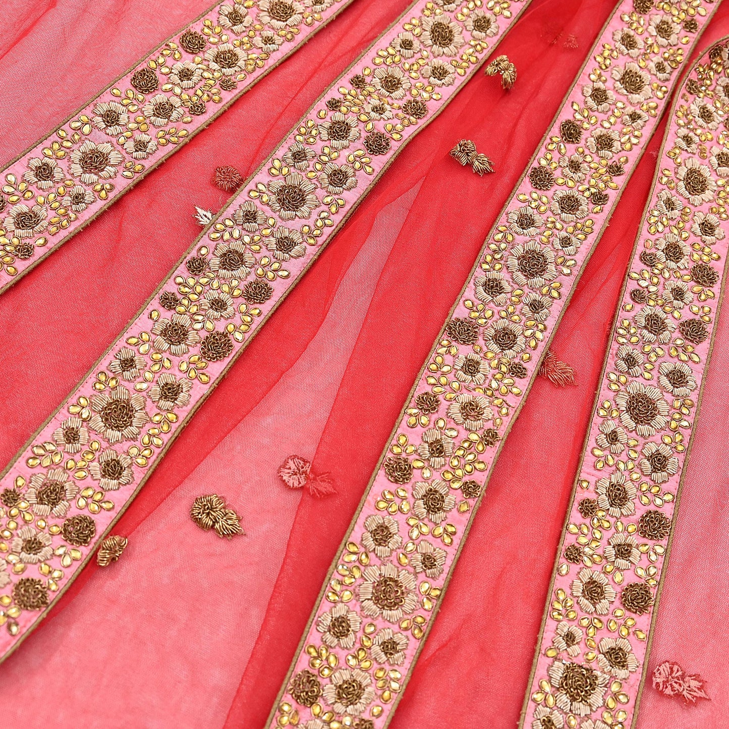 Indian Vintage Heavy Wedding Red Net/Mesh Hand Embroidered Dupatta Designer By Manish Malhotra Bridal Wear Zardozi Veil Hijab