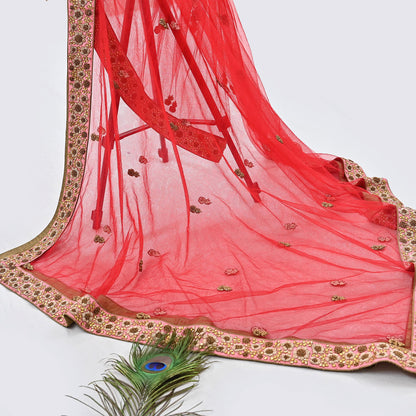 Indian Vintage Heavy Wedding Red Net/Mesh Hand Embroidered Dupatta Designer By Manish Malhotra Bridal Wear Zardozi Veil Hijab