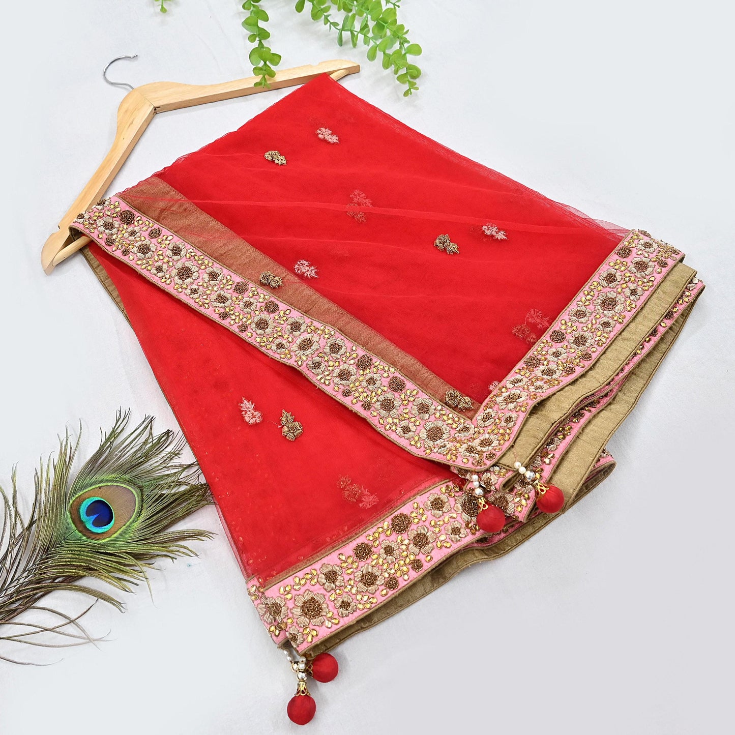 Indian Vintage Heavy Wedding Red Net/Mesh Hand Embroidered Dupatta Designer By Manish Malhotra Bridal Wear Zardozi Veil Hijab