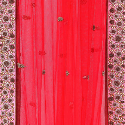 Indian Vintage Heavy Wedding Red Net/Mesh Hand Embroidered Dupatta Designer By Manish Malhotra Bridal Wear Zardozi Veil Hijab