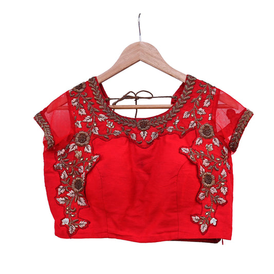 Indian Pre-owned Red raw silk Hand Embroidered By Designer manish malhotra Padded Blouse/Top/Crop L Size Party wear Bollywood