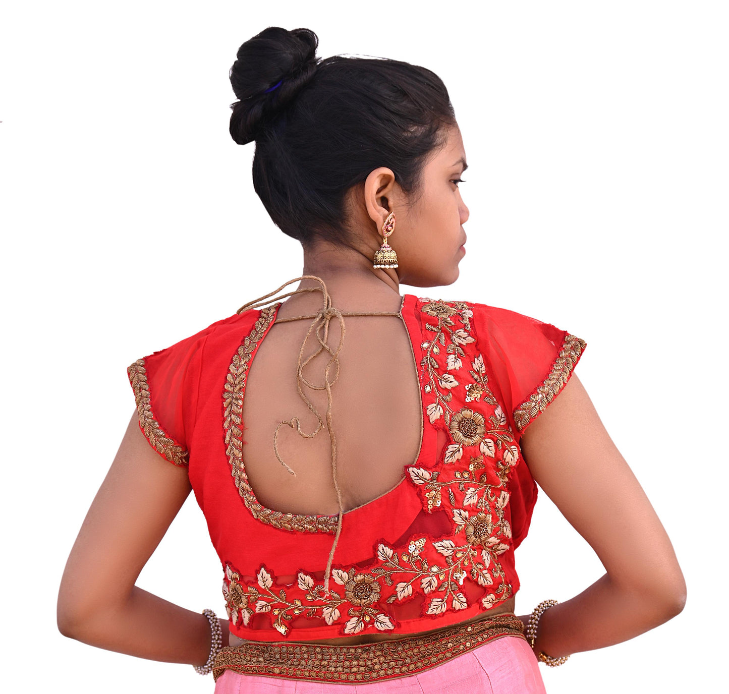 Indian Pre-owned Red raw silk Hand Embroidered By Designer manish malhotra Padded Blouse/Top/Crop L Size Party wear Bollywood