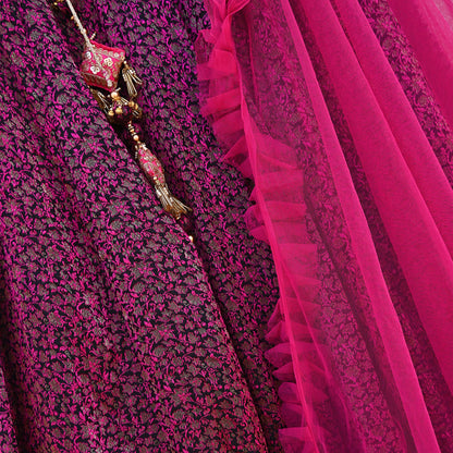 Black Pink Pure silk Heavy Handwoven Brocade Indian Bridal Outfit, 3pc Set Wedding Lehenga Choli Dupatta, Party Wear Reception Wear