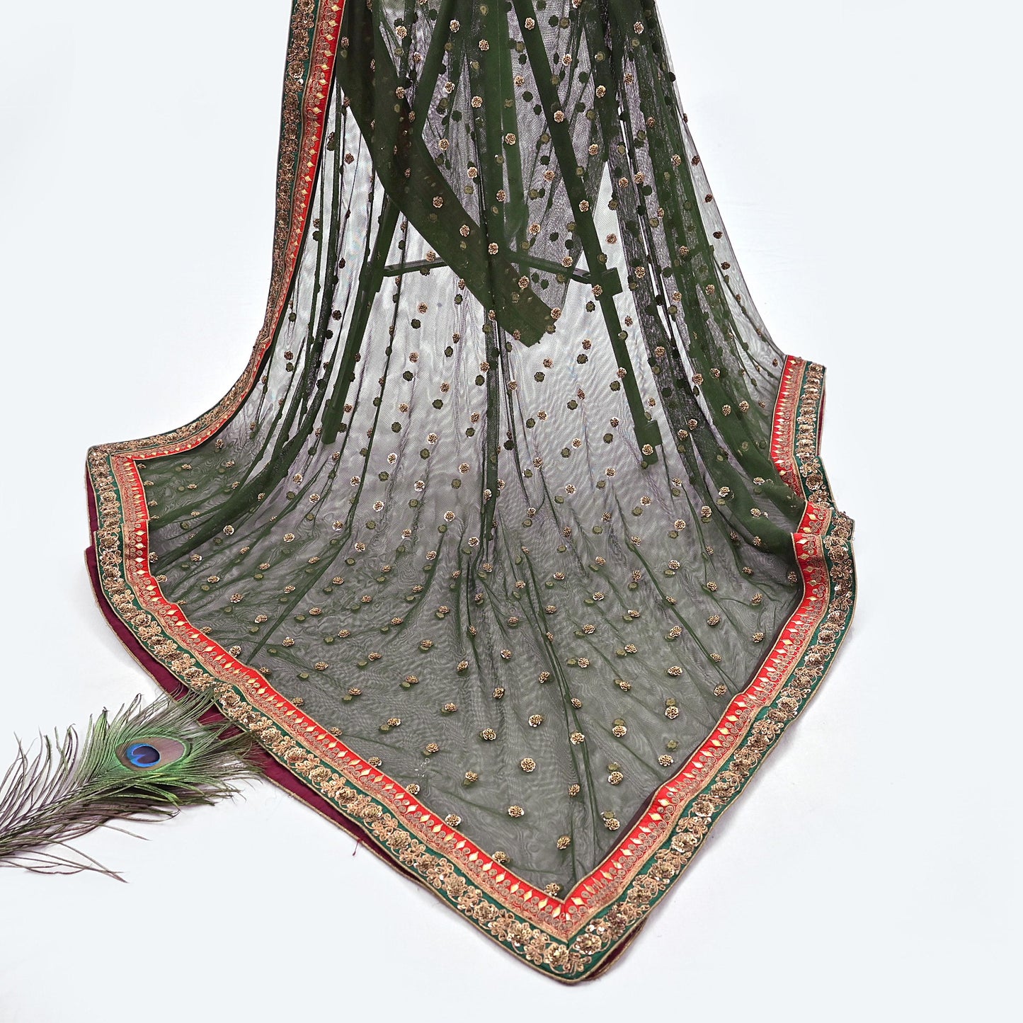 Indian Heavy Wedding Dupatta green Net Long Stole Hand Embroidered By Designer Sabyasachi Scarves Zardozi Bridal Veil