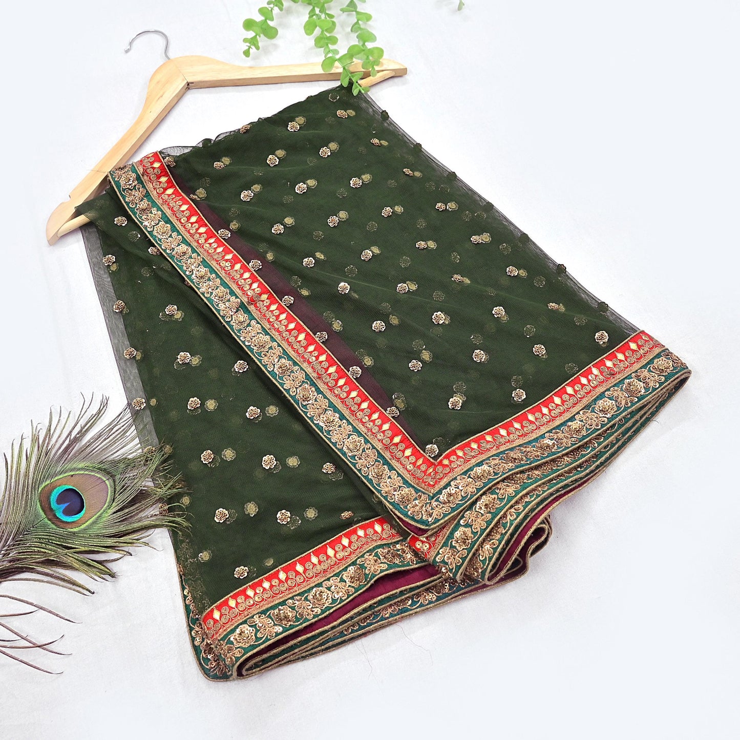 Indian Heavy Wedding Dupatta green Net Long Stole Hand Embroidered By Designer Sabyasachi Scarves Zardozi Bridal Veil