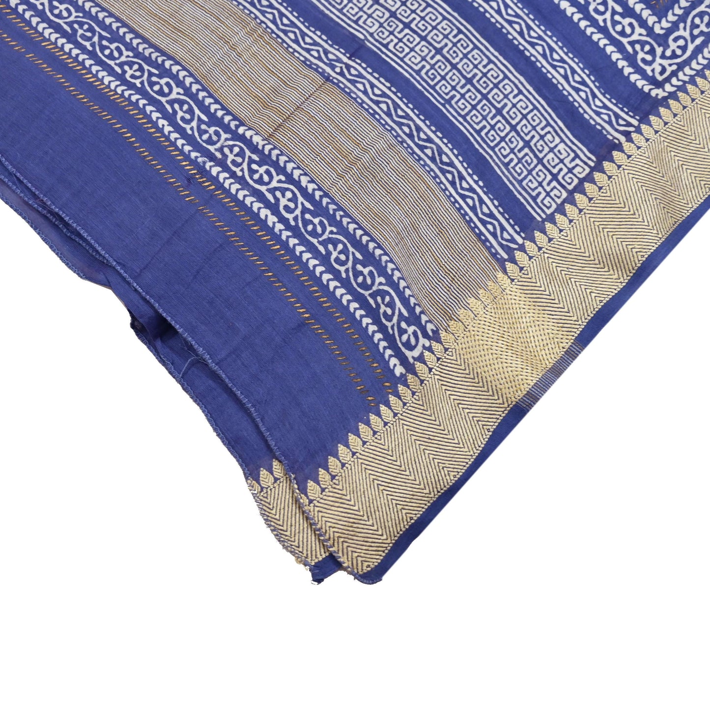 Indian Vintage Dupatta Blue Dupatta Long Stole Block Print Pure Chanderi Silk Scarves Veil Golden Zari