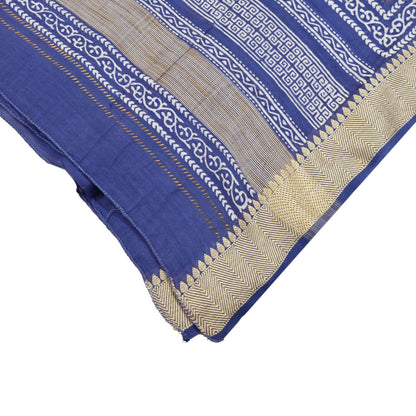 Indian Vintage Dupatta Blue Dupatta Long Stole Block Print Pure Chanderi Silk Scarves Veil Golden Zari