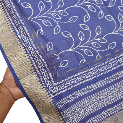 Indian Vintage Dupatta Blue Dupatta Long Stole Block Print Pure Chanderi Silk Scarves Veil Golden Zari