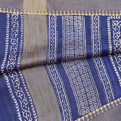 Indian Vintage Dupatta Blue Dupatta Long Stole Block Print Pure Chanderi Silk Scarves Veil Golden Zari