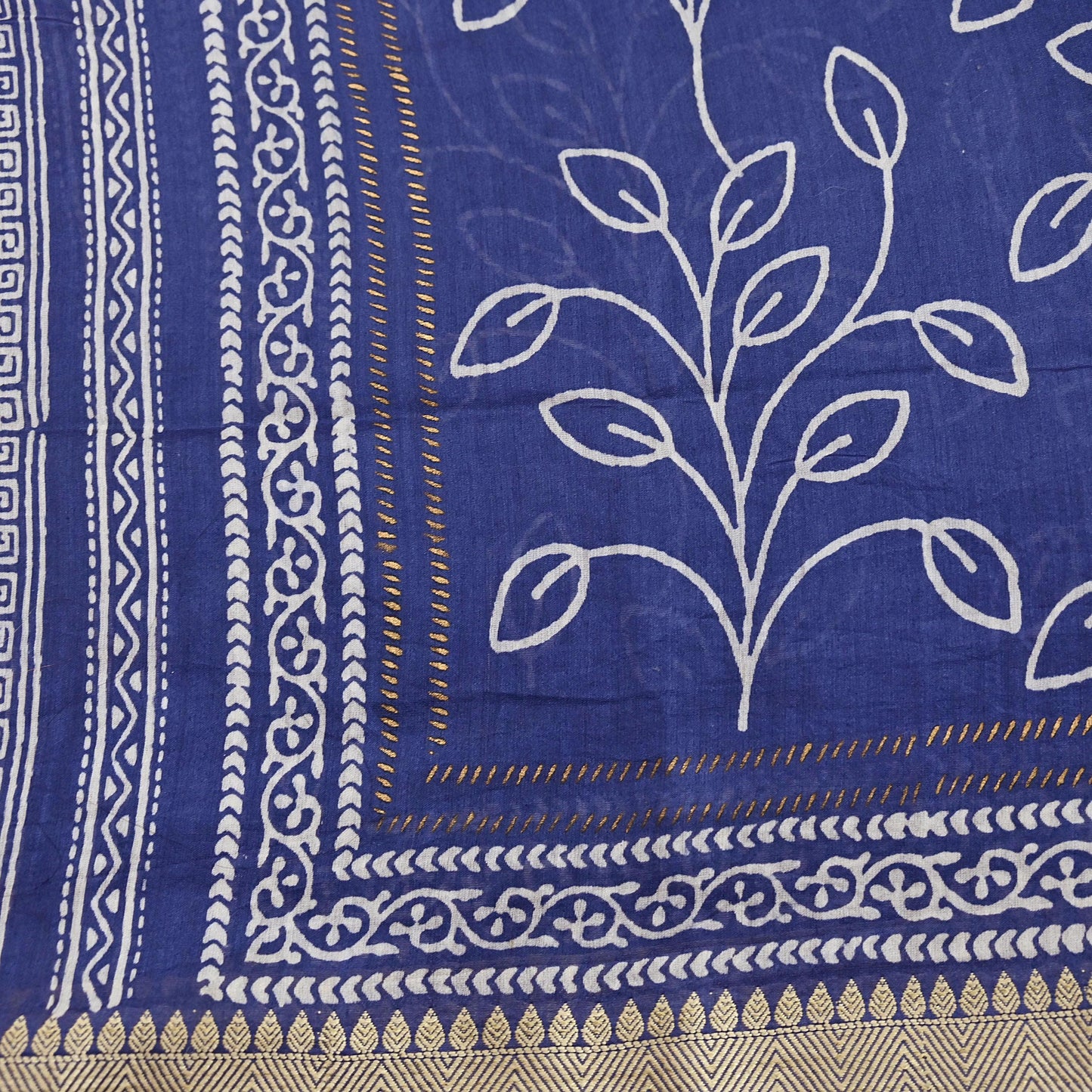 Indian Vintage Dupatta Blue Dupatta Long Stole Block Print Pure Chanderi Silk Scarves Veil Golden Zari