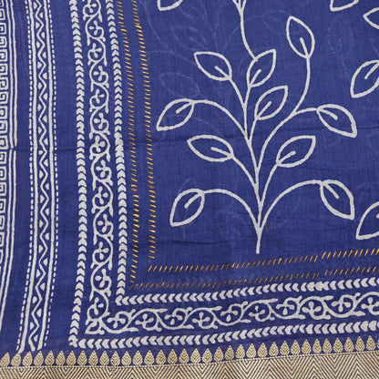 Indian Vintage Dupatta Blue Dupatta Long Stole Block Print Pure Chanderi Silk Scarves Veil Golden Zari
