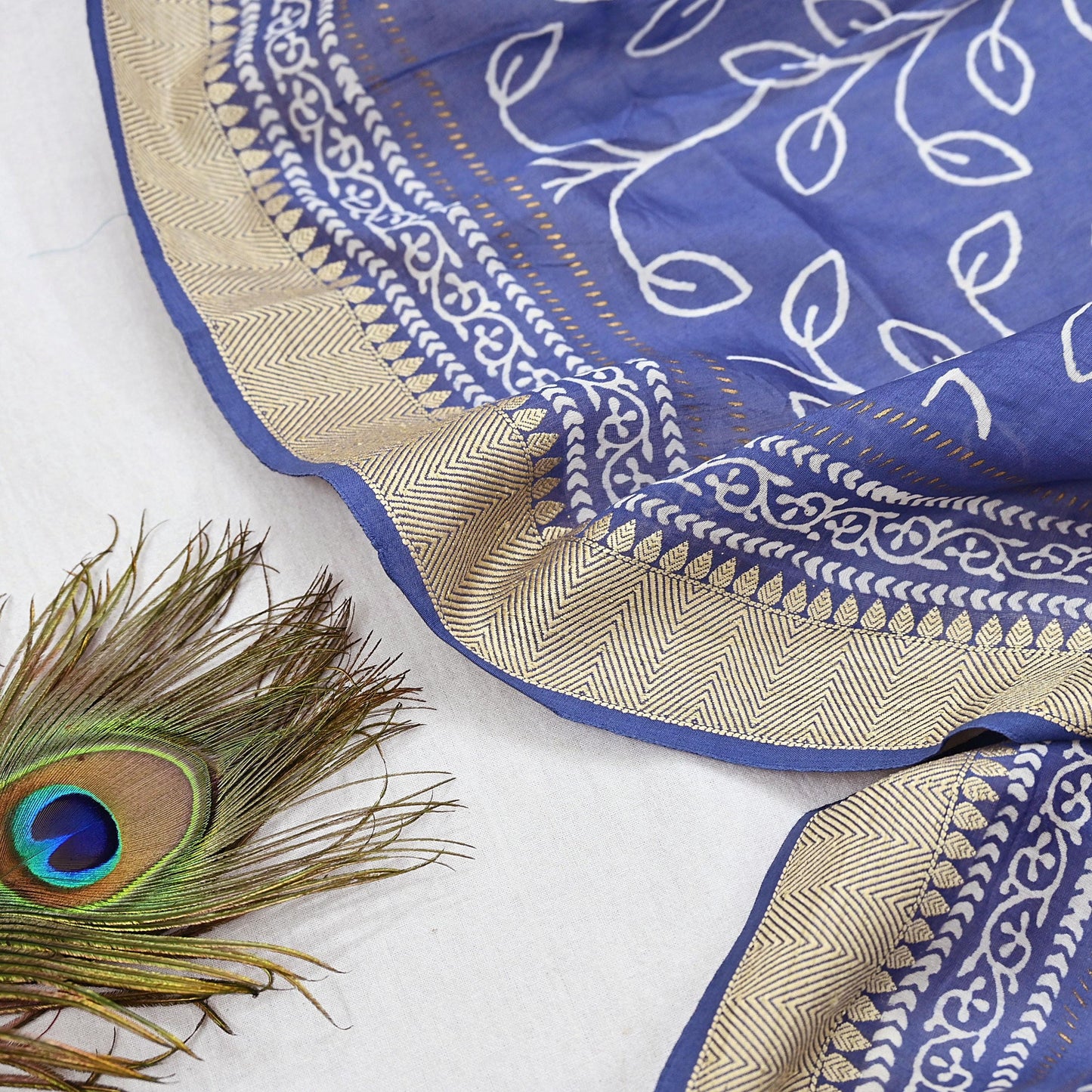 Indian Vintage Dupatta Blue Dupatta Long Stole Block Print Pure Chanderi Silk Scarves Veil Golden Zari