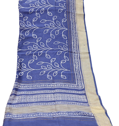 Indian Vintage Dupatta Blue Dupatta Long Stole Block Print Pure Chanderi Silk Scarves Veil Golden Zari